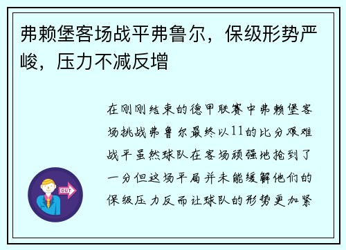 弗赖堡客场战平弗鲁尔，保级形势严峻，压力不减反增